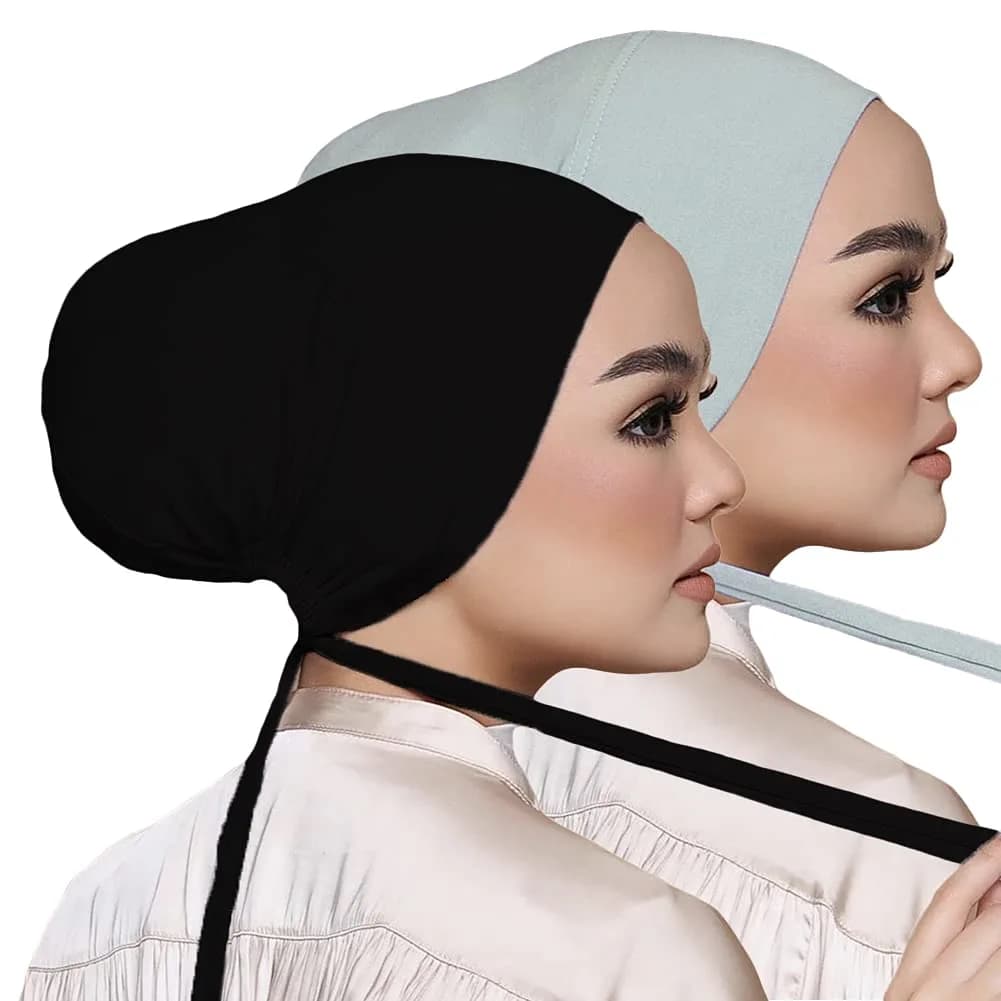 Hophor Black Hijab Scarf with Tie Back Muslim Veil Cap 26g (0.91 oz) | Adjustable Jersey Head Cover — Black+gray(2pcs)