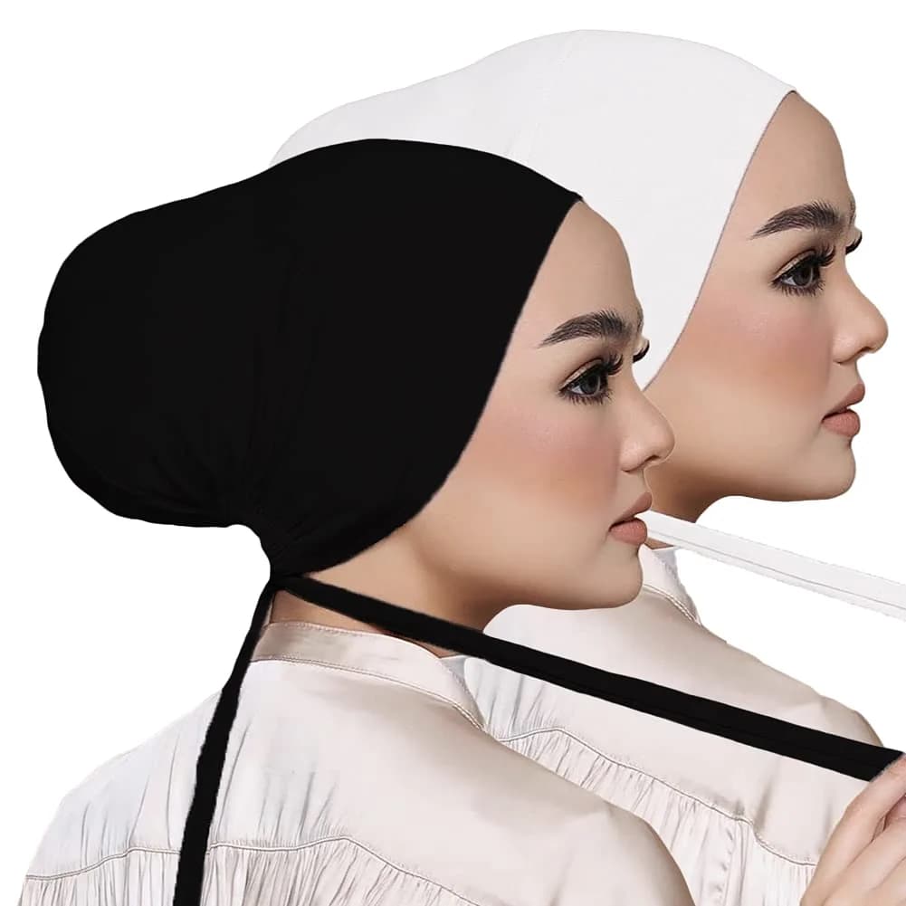 Hophor Women's Black Stretch Under Scarf Hijab Cap with Tie-Back Closure (2-Pack, White+Black) | Adjustable & Breathable Jersey