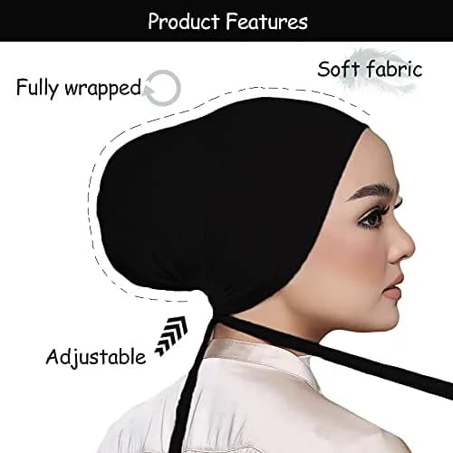Hophor Women's Black Stretch Under Scarf Hijab Cap with Tie-Back Closure (2-Pack, White+Black) | Adjustable & Breathable Jersey thumbnail 2