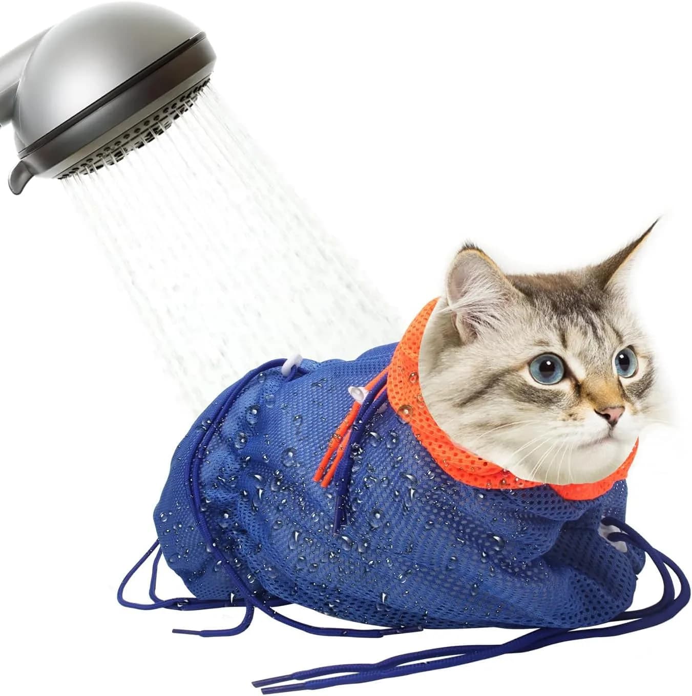 Catcan Cat Bathing Bag Anti Scratch-Washing Grooming Shower Bag for Nail Trimming, 70 cm (27.56 in) Body Girth | Breathable Mesh for Safe Grooming — Blue-Orange