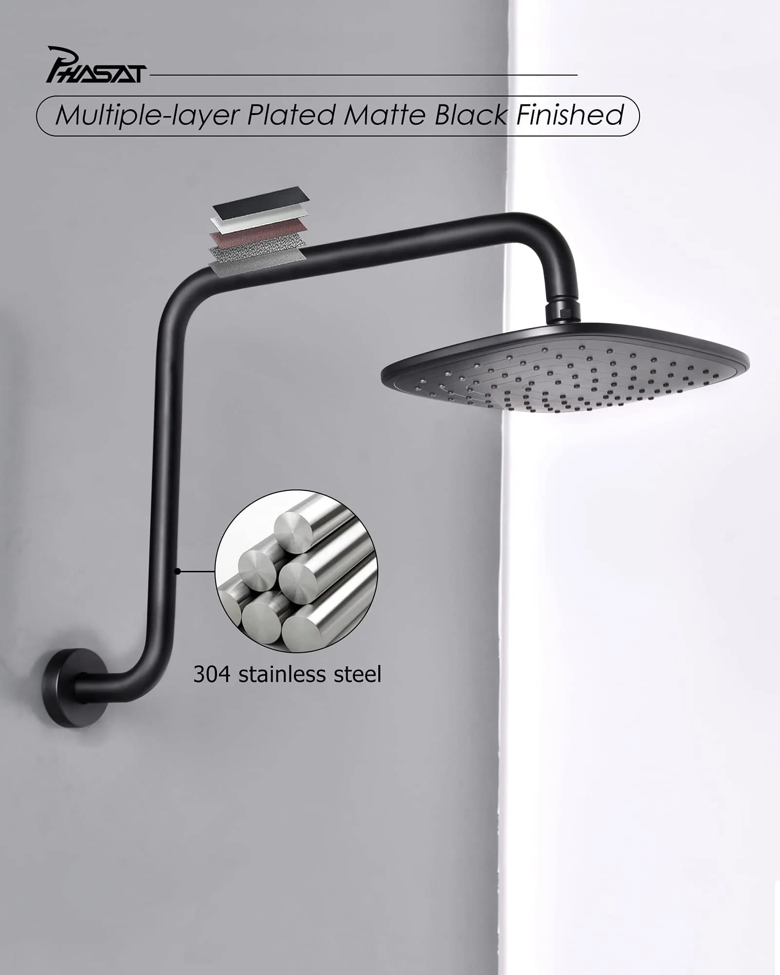 PHASAT 16 Inches S-Shaped Shower Arm with Flange, Matte Black, 43cm (17") | High Rise Shower Extension for Modern Bathrooms - view 3