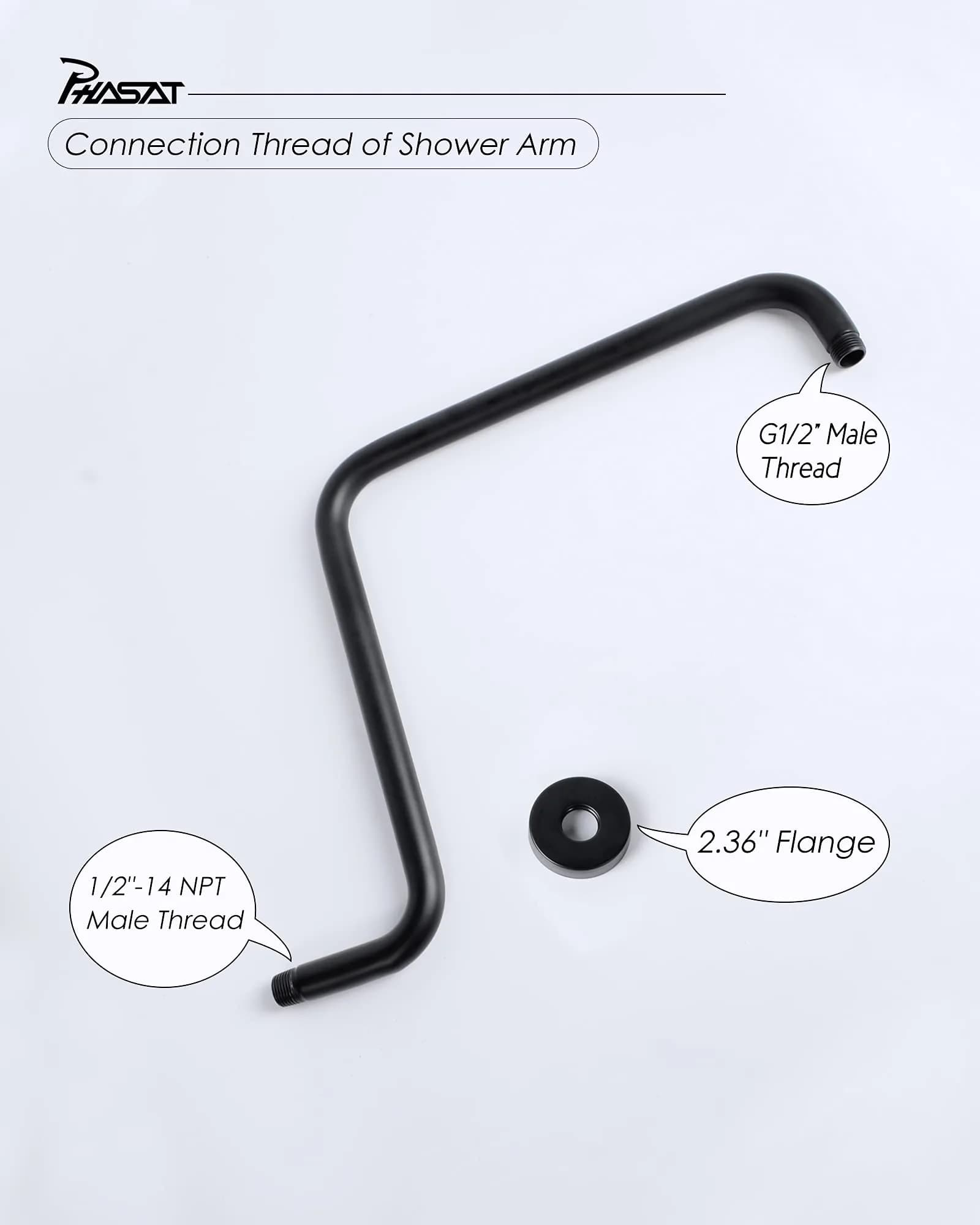 PHASAT 16 Inches S-Shaped Shower Arm with Flange, Matte Black, 43cm (17") | High Rise Shower Extension for Modern Bathrooms - view 4