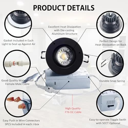 POPANU 3 Inch Black LED Recessed Gimbal Downlight 6 Pack | 5 CCT Adjustable Color Temperature thumbnail 3
