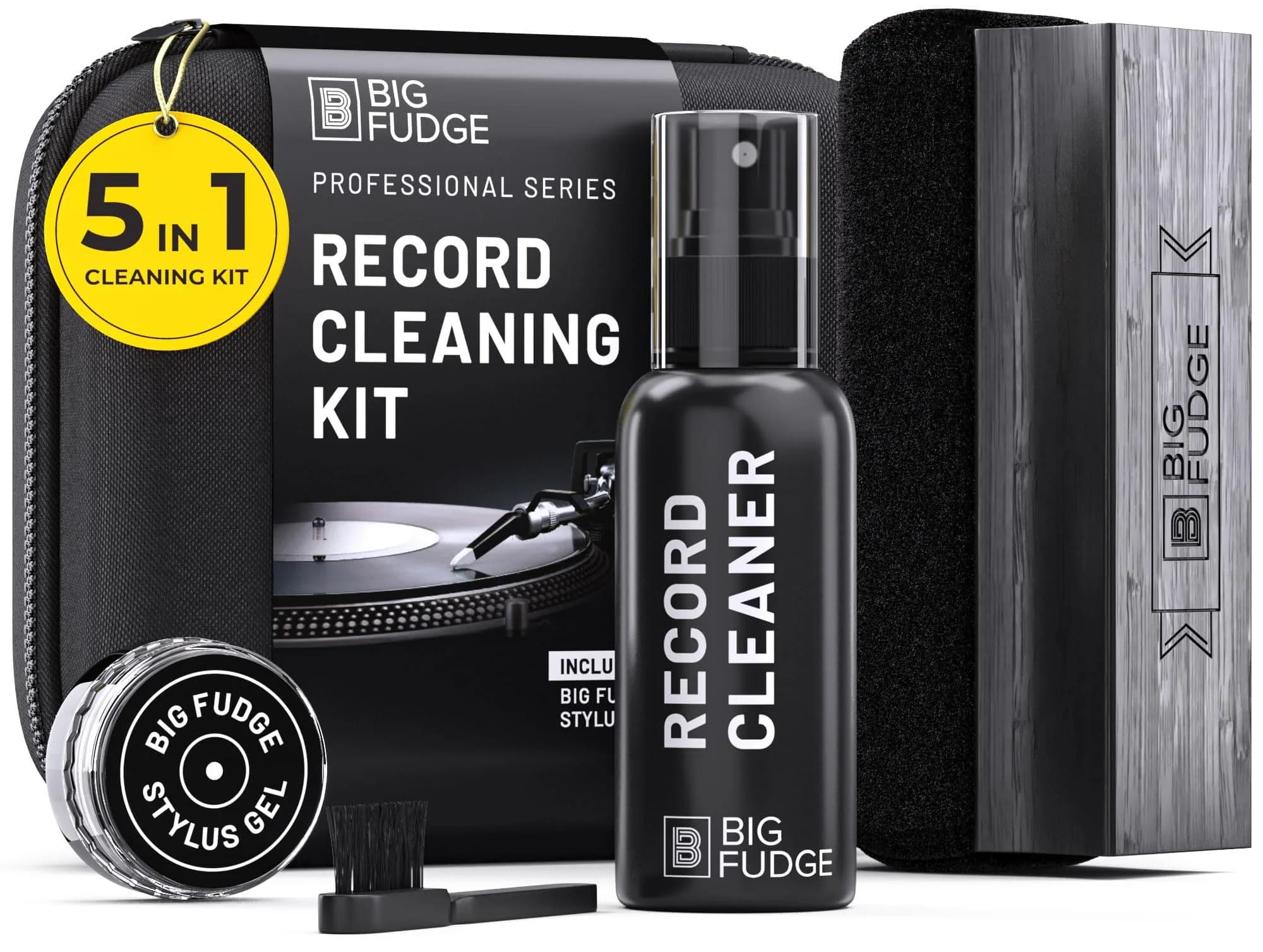 Big Fudge Record Cleaning Kit Professional Series - Vinyl Record Cleaner - Includes Vinyl Brush, Cleaning Fluid, Stylus Gel, Velvet Brush, Padded Case