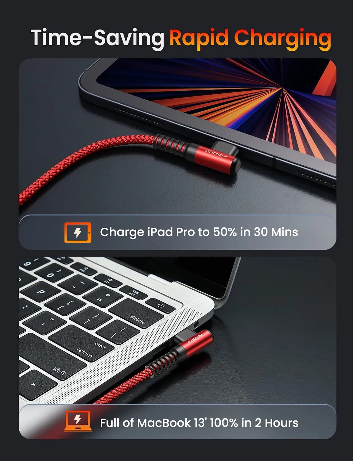 AINOPE 6.6ft (2m) Red Right Angle USB C to USB C Cable | 60W Fast Charging & 480Mbps Data Transfer - view 5