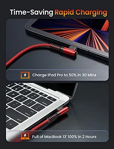 AINOPE 6.6ft (2m) Red Right Angle USB C to USB C Cable | 60W Fast Charging & 480Mbps Data Transfer thumbnail 5