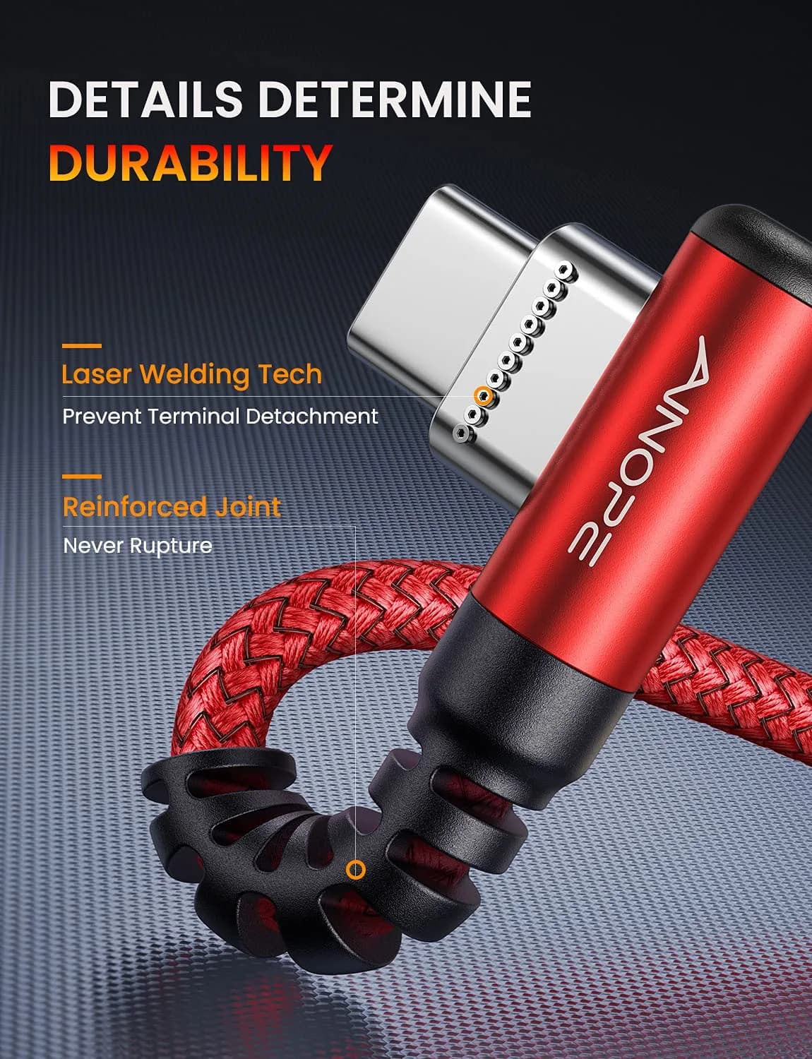 AINOPE 6.6ft (2m) Red Right Angle USB C to USB C Cable | 60W Fast Charging & 480Mbps Data Transfer - view 6