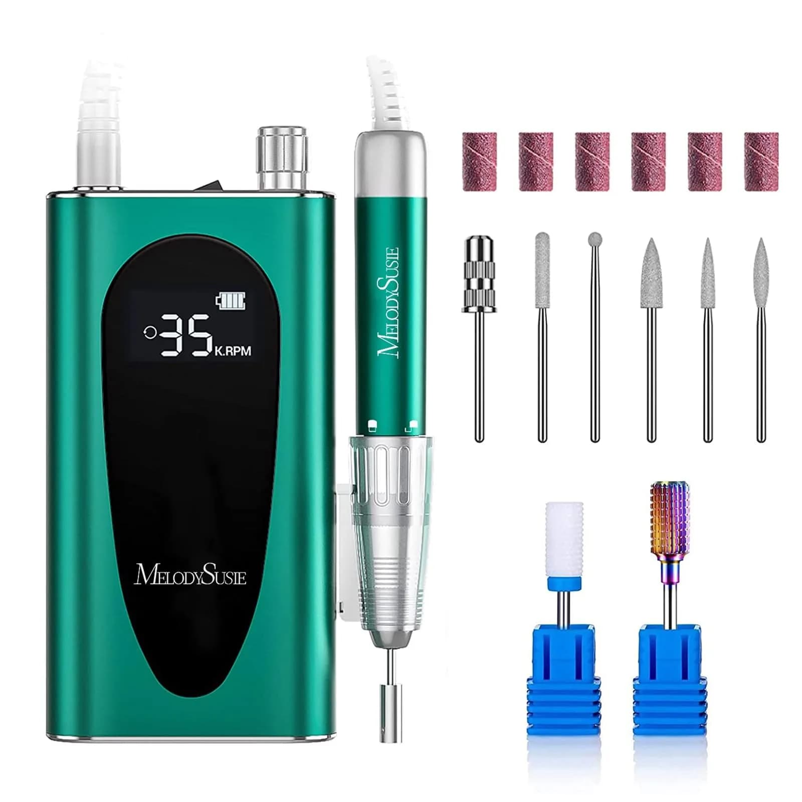 MelodySusie MM400C Cordless Nail Drill 35,000 RPM | Professional Rechargeable Electric Nail File with 15+ Hour Battery — Green