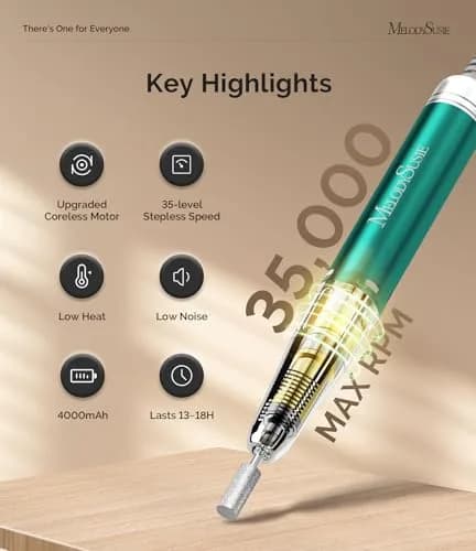 MelodySusie MM400C Cordless Nail Drill 35,000 RPM | Professional Rechargeable Electric Nail File with 15+ Hour Battery thumbnail 3