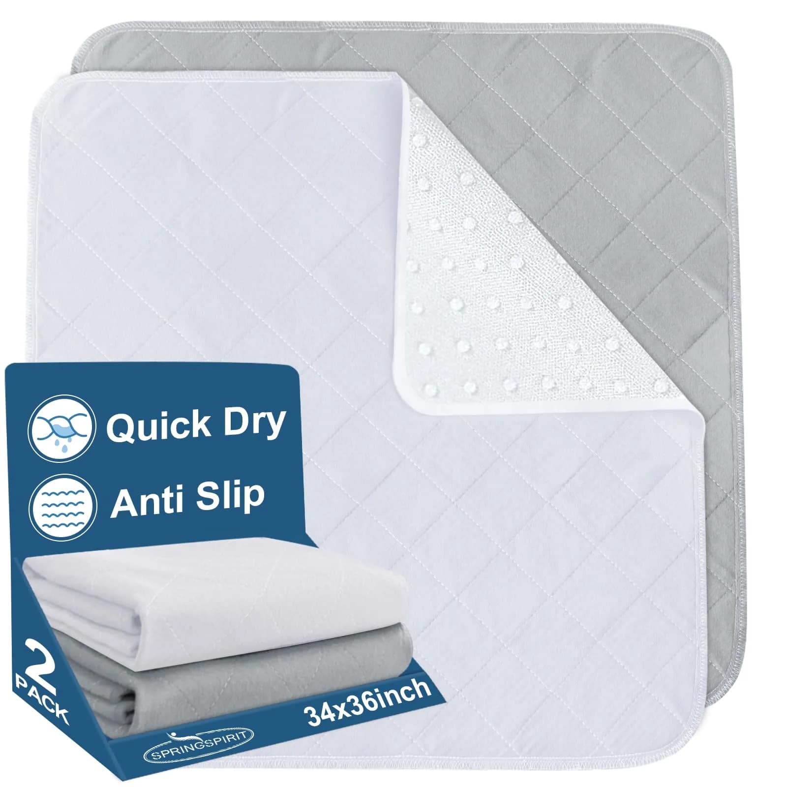 SPRINGSPIRIT Washable Waterproof Bed Pads for Incontinence 2 Pack 86cm x 91cm | 4-Layer Protection with 8oz Absorbency — White&gray