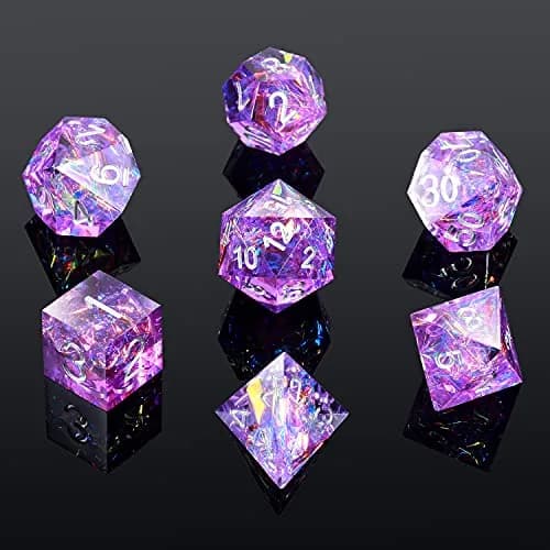DNDND Sharp Edge Dice Set, Handmade 7 Piece DND Dice with Gift Case for DND Dungeons and Dragon Game (Purple with Silver Number) | Handmade Resin RPG Dice thumbnail 6
