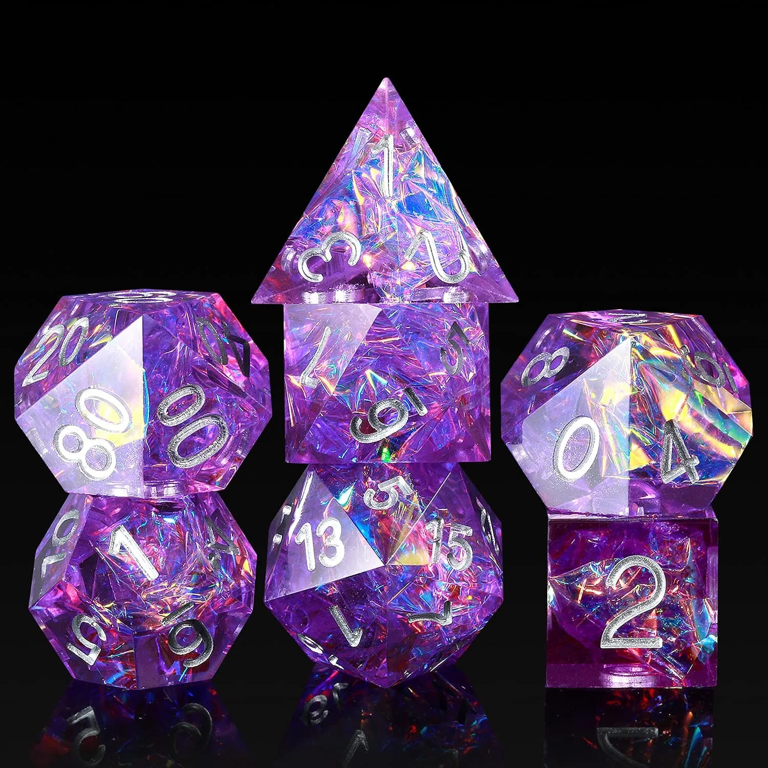 DNDND Sharp Edge Dice Set, Handmade 7 Piece DND Dice with Gift Case for DND Dungeons and Dragon Game (Purple with Silver Number) | Handmade Resin RPG Dice