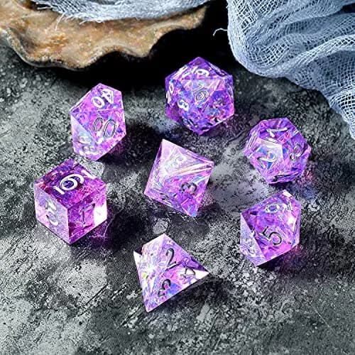DNDND Sharp Edge Dice Set, Handmade 7 Piece DND Dice with Gift Case for DND Dungeons and Dragon Game (Purple with Silver Number) | Handmade Resin RPG Dice thumbnail 3