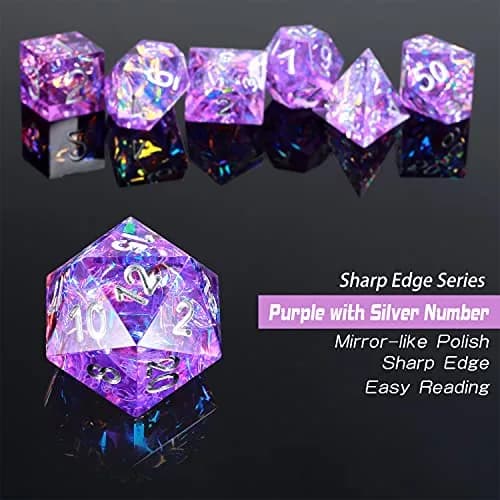 DNDND Sharp Edge Dice Set, Handmade 7 Piece DND Dice with Gift Case for DND Dungeons and Dragon Game (Purple with Silver Number) | Handmade Resin RPG Dice thumbnail 4