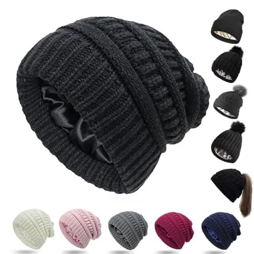Salalacap Womens Satin Lined Winter Beanie Cable Knit Thick Chunky Hat (Large-Slouchy-Black) | Warm, Moisture-Resistant thumbnail 1