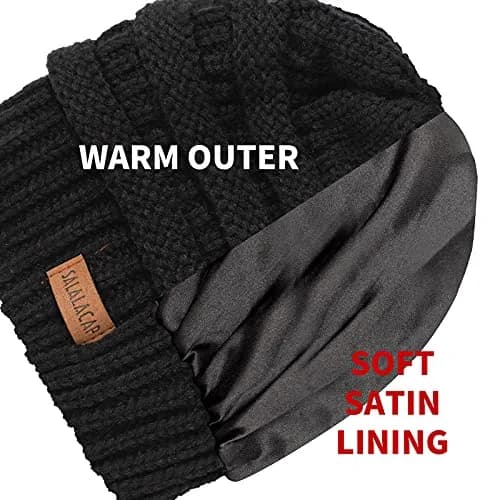 Salalacap Womens Satin Lined Winter Beanie Cable Knit Thick Chunky Hat (Large-Slouchy-Black) | Warm, Moisture-Resistant thumbnail 5