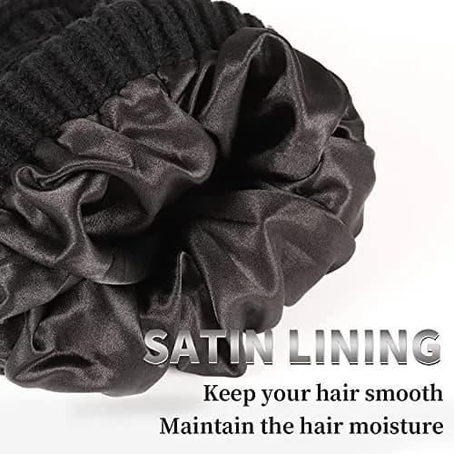 Salalacap Womens Satin Lined Winter Beanie Cable Knit Thick Chunky Hat (Large-Slouchy-Black) | Warm, Moisture-Resistant thumbnail 6