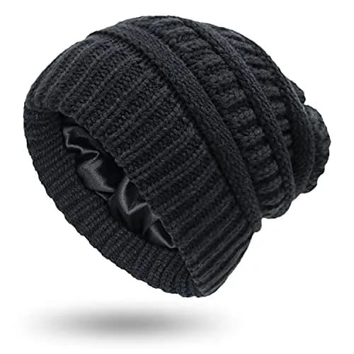 Salalacap Womens Satin Lined Winter Beanie Cable Knit Thick Chunky Hat (Large-Slouchy-Black) | Warm, Moisture-Resistant thumbnail 2