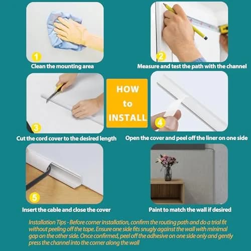 ZhiYo Corner Cable Hider 85in (2.16m) Total Length | Paintable PVC Raceway for 1-2 Wires thumbnail 6