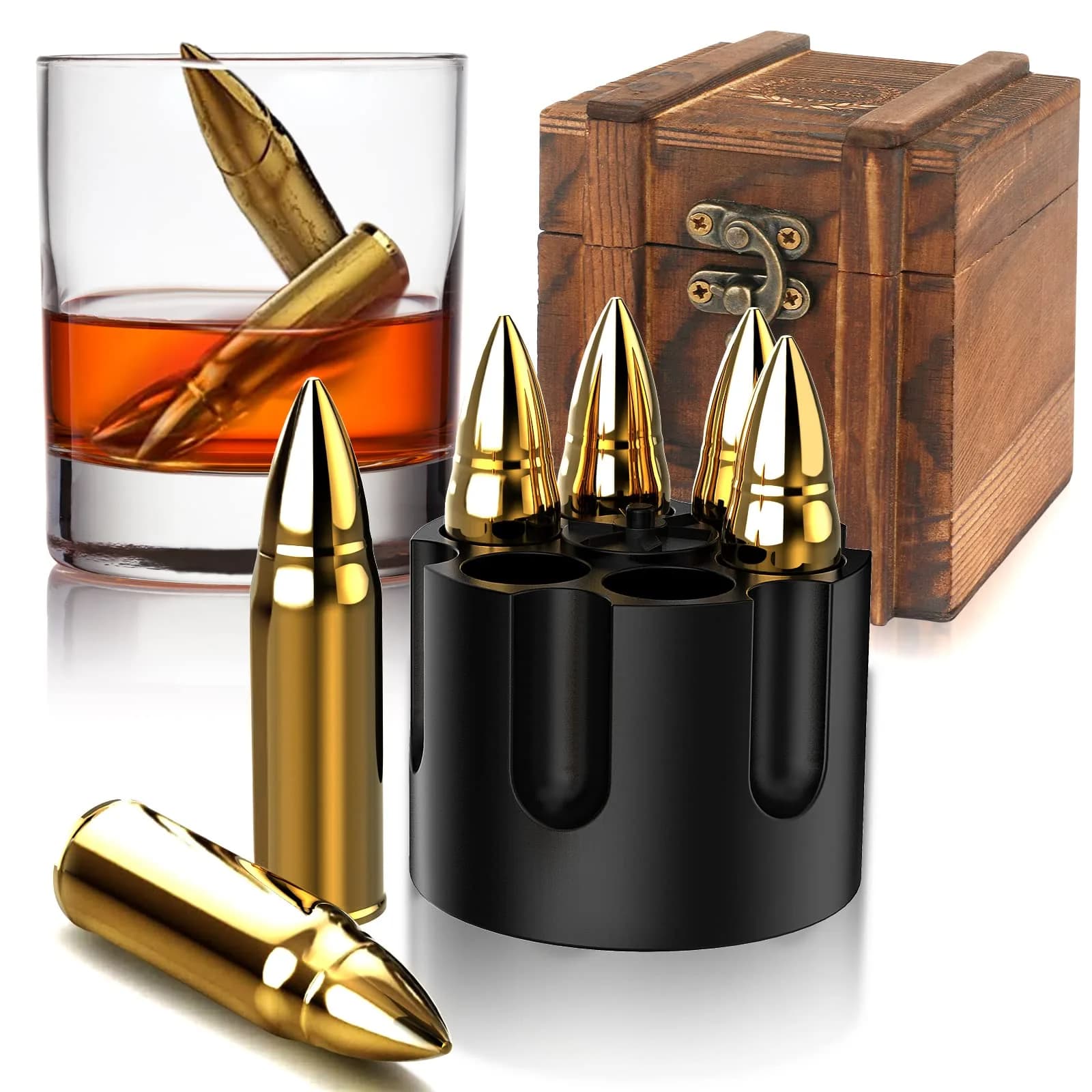 Chouggo Whiskey Bullet Stones with Wooden Case | Stainless Steel Ice Cubes for Men & Gift — Golden