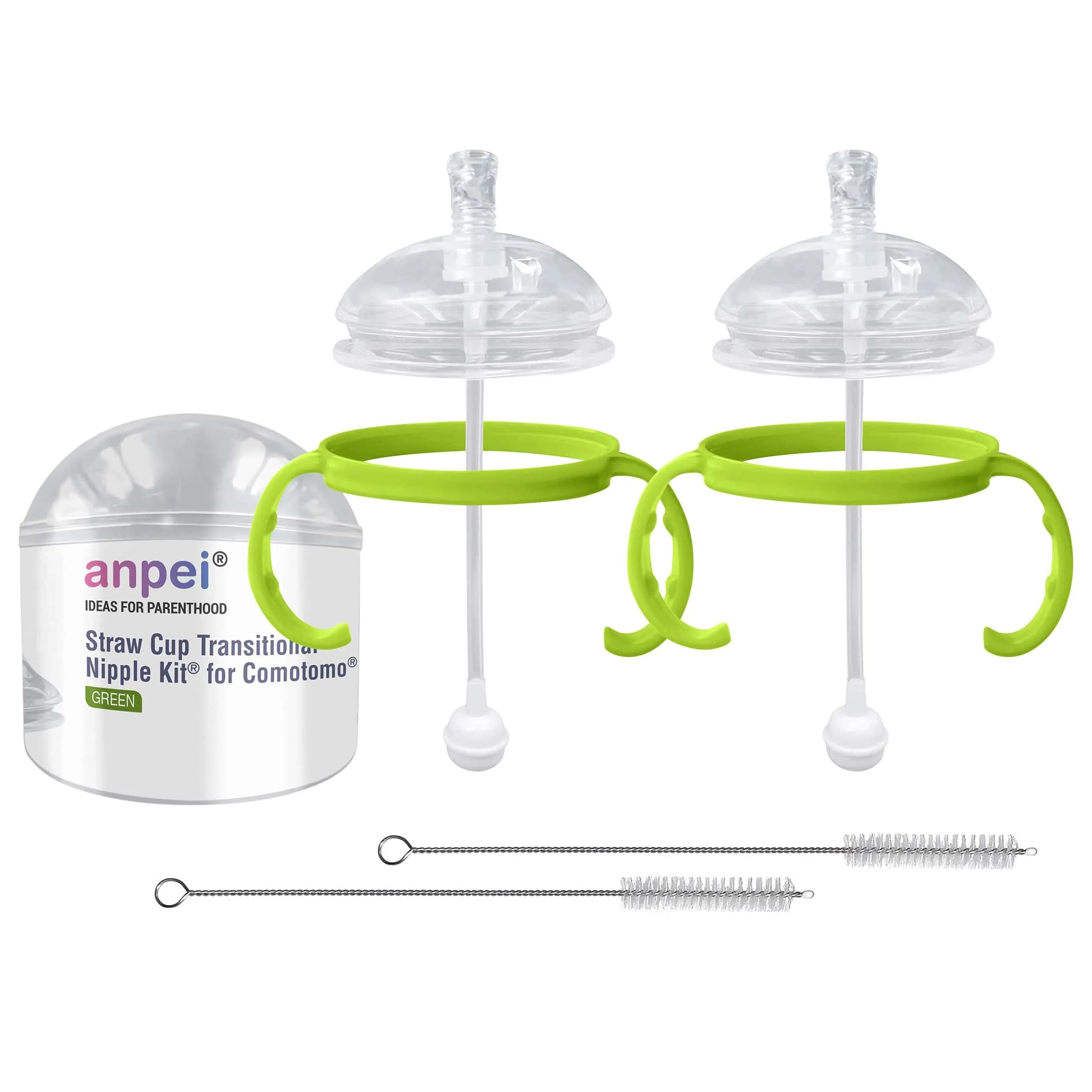 ANPEI Straw Transition Cup Kit for Comotomo Baby Bottles 2 Pack (Green) | Converts 5 & 8 oz Bottles to Sippy Cups