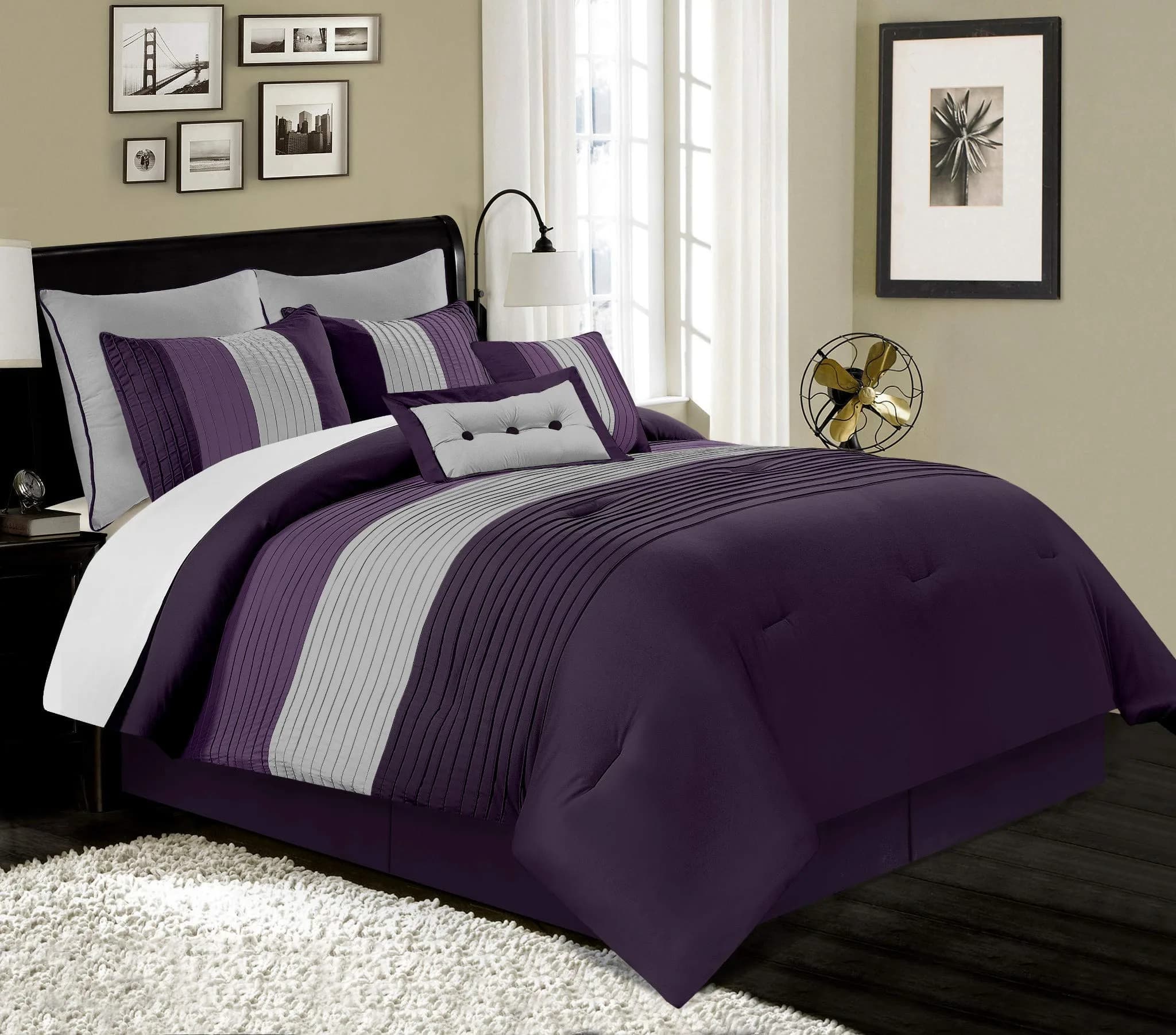 Chezmoi Collection Loft 8-Piece Striped Comforter Set Queen, Purple/Gray/Lavender | Contemporary Bedding