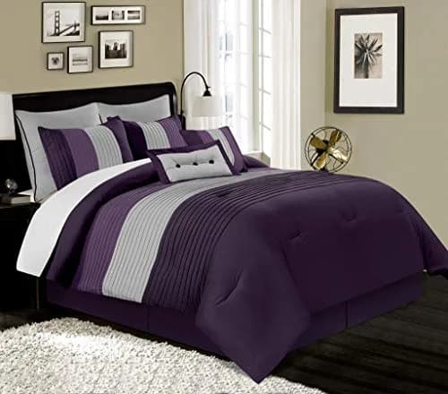 Chezmoi Collection Loft 8-Piece Striped Comforter Set Queen, Purple/Gray/Lavender | Contemporary Bedding thumbnail 1