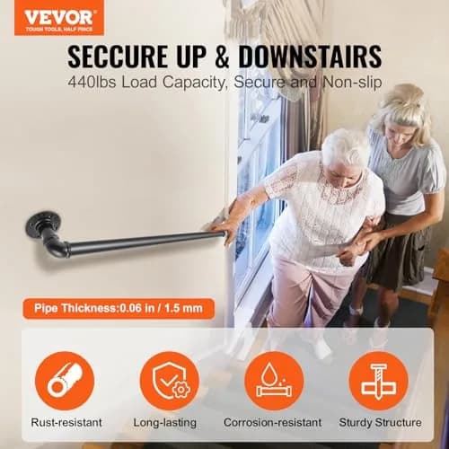 VEVOR Pipe Stair Handrail 2ft (0.6m) | Industrial Carbon Steel with 200kg Load Capacity thumbnail 2
