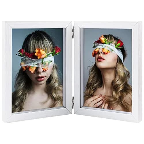 AVEAX Double 5x7 Picture Frame White Wood Shadow Box | Modern Wall & Tabletop Display thumbnail 1