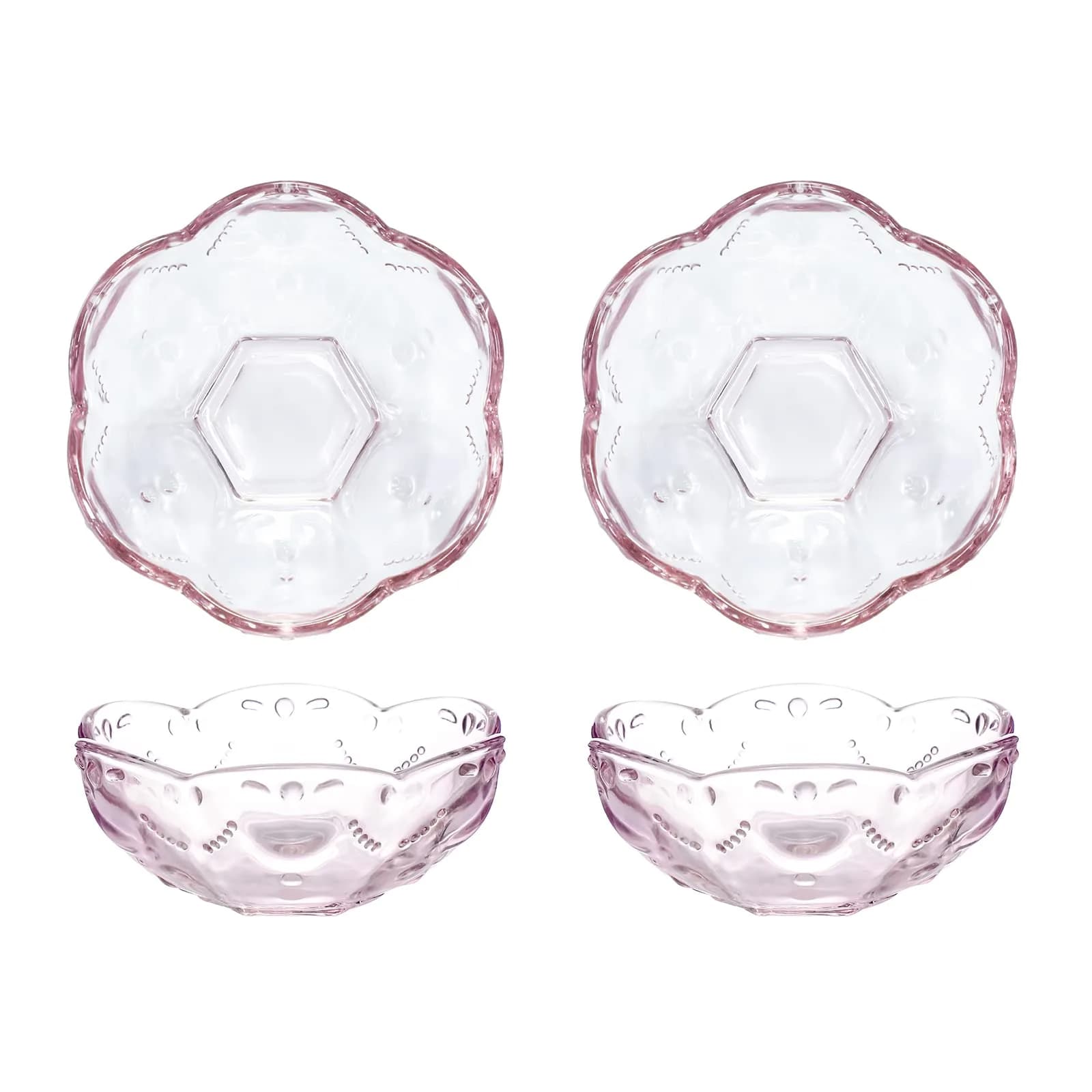 CHOOLD 4pcs Pink Vintage Romantic Glass Sakura Heart Embossed Salad Bowls | 8oz, Dishwasher Safe