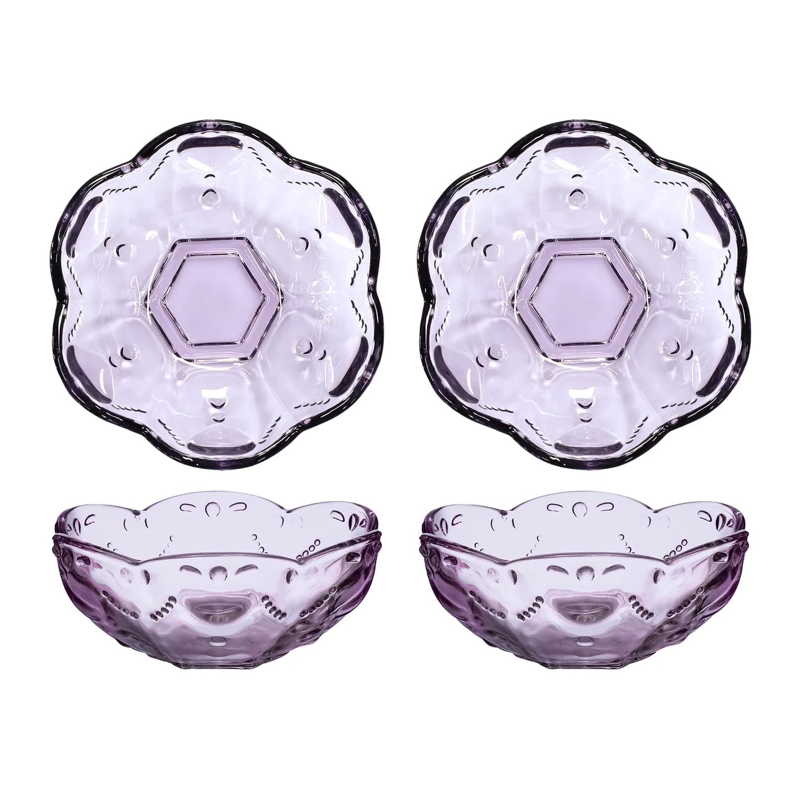 CHOOLD 4pcs Pink Vintage Romantic Glass Sakura Heart Embossed Salad Bowls | 8oz, Dishwasher Safe — Purple