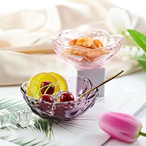CHOOLD 4pcs Vintage Romantic Glass Sakura Shape Heart Embossed Dessert Bowl - Ice Cream, Trifle, Salad Dish - Purple, 8oz thumbnail 3