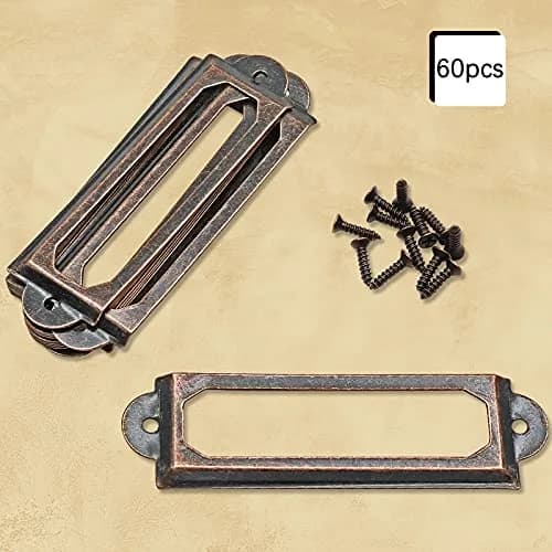 Rierdge Antique Label Holders 2.3 Inch (59.4 mm) Red Copper, 60 Pcs | Retro Iron Frames for Drawers & Cabinets thumbnail 2