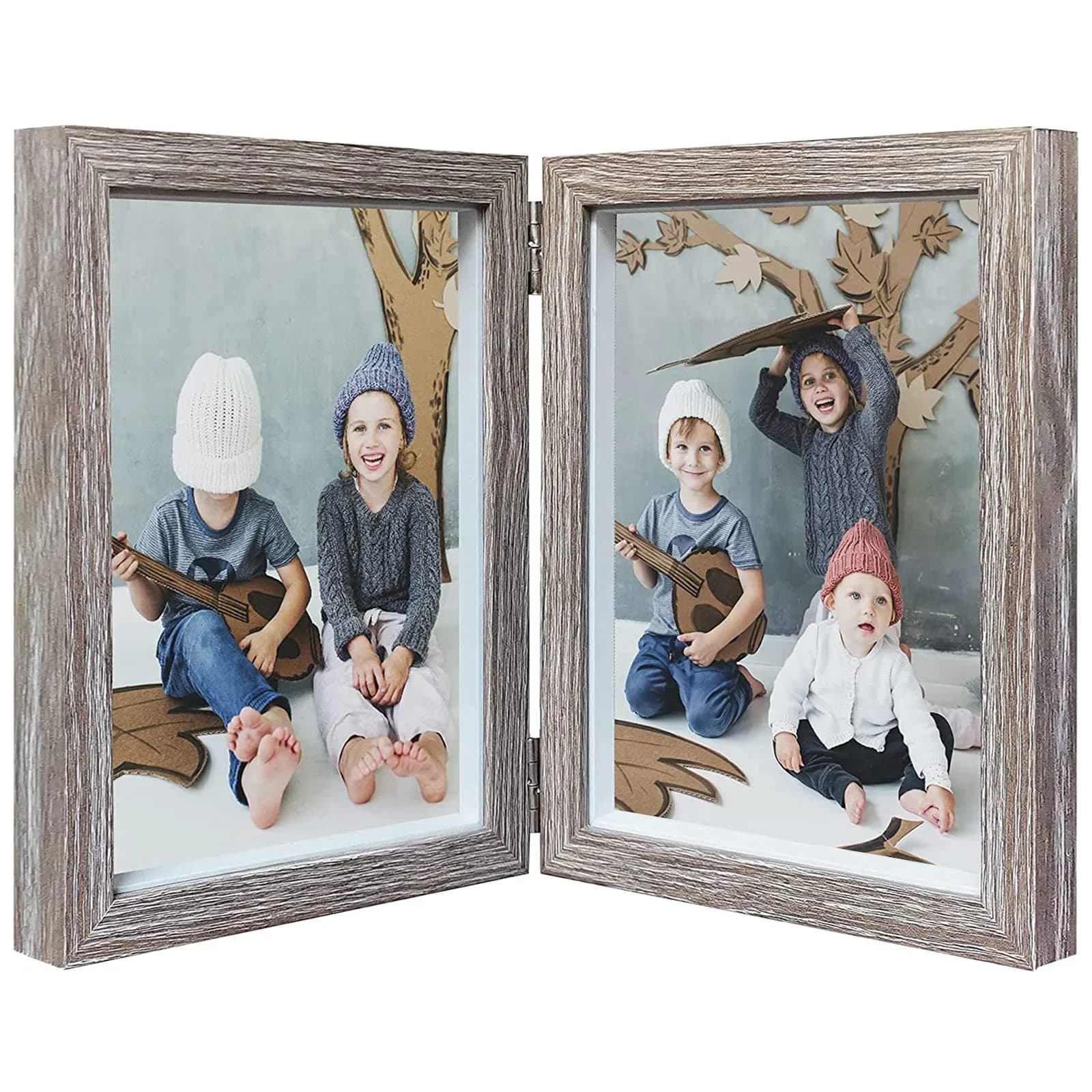 AVEAX Double 5x7 Picture Frame Grey Wood Shadow Box Frame | Modern, Sturdy MDF, Real Glass, 2 Openings (5x7), Vertical
