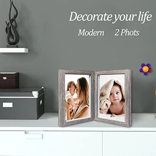 AVEAX Double 5x7 Picture Frame Grey Wood Shadow Box Frame | Modern, Sturdy MDF, Real Glass, 2 Openings (5x7), Vertical thumbnail 7