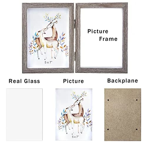 AVEAX Double 5x7 Picture Frame Grey Wood Shadow Box Frame | Modern, Sturdy MDF, Real Glass, 2 Openings (5x7), Vertical thumbnail 3