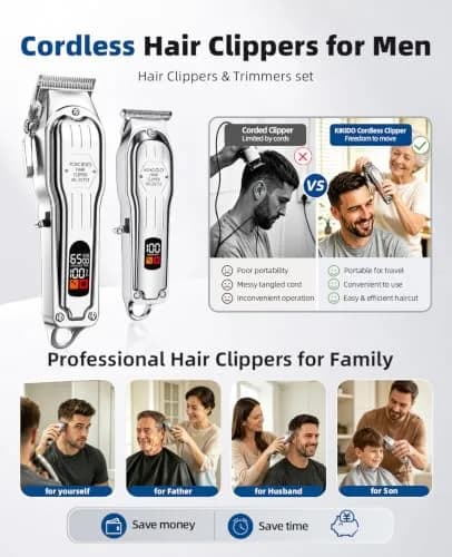 KIKIDO Cordless Hair Clippers for Men Professional Home Hair Cutting Kit | 11 Guide Combs, Rechargeable, LED Display thumbnail 2