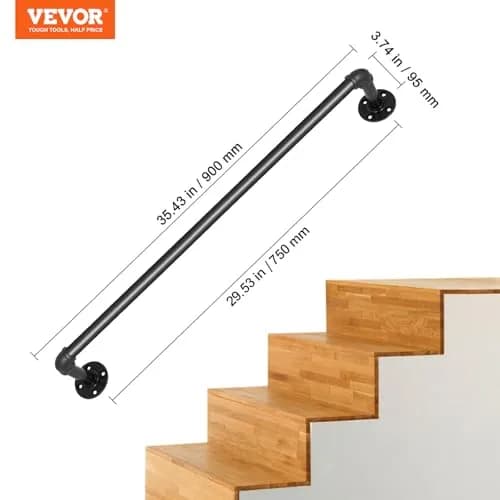 VEVOR Pipe Stair Handrail 3FT (0.9m) | 440LBS Load Capacity Industrial Carbon Steel Staircase Handrail with Wall Mount Support thumbnail 7