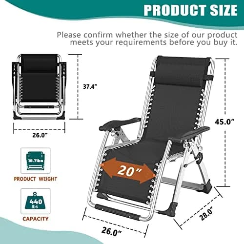 DoCred Zero Gravity Chair, Heavy Duty Folding Reclining Lounge Chairs | Supports 440 lbs, Adjustable & Portable thumbnail 6