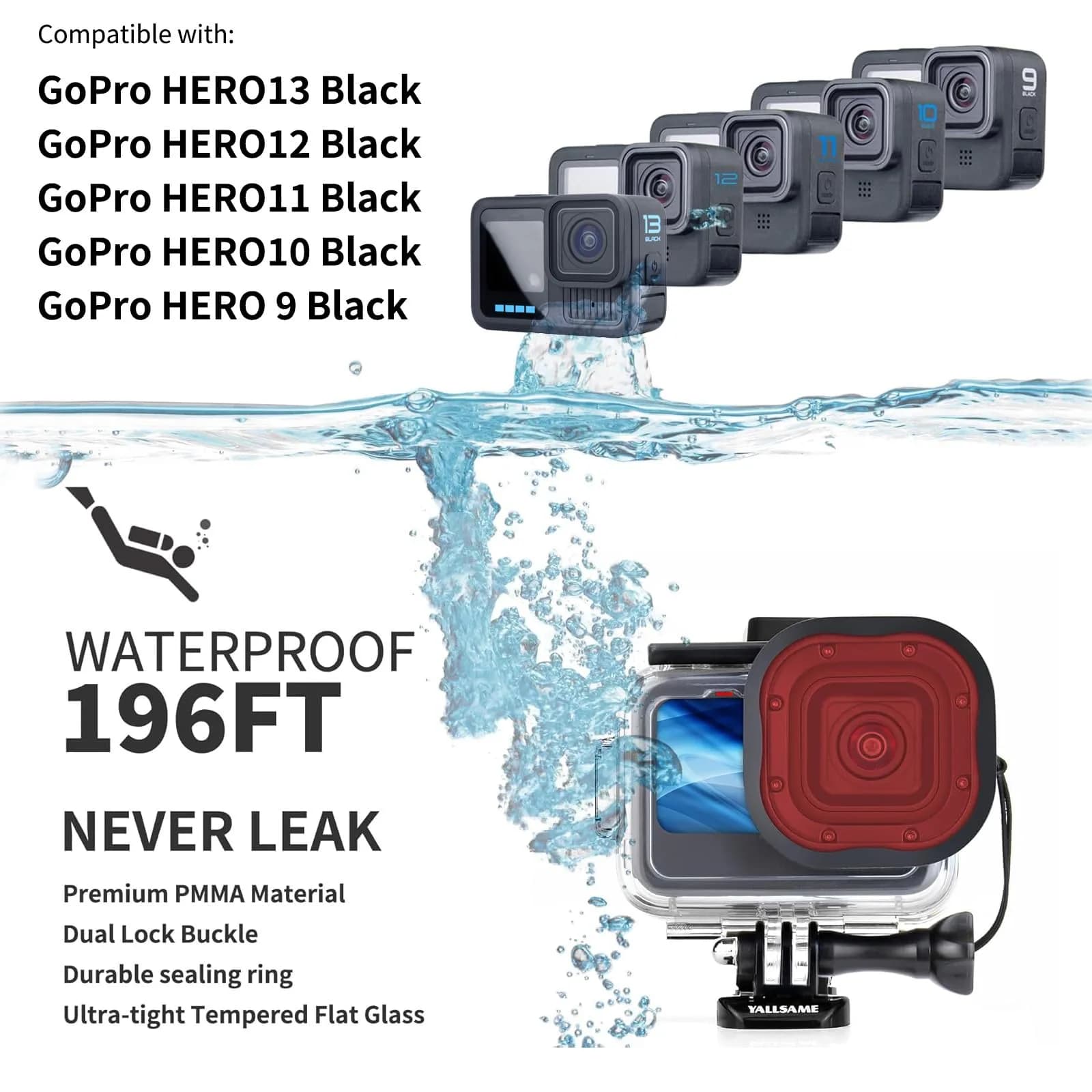YALLSAME Waterproof Housing Case for GoPro Hero 13 12 11 10 9 Black, 60m (196ft) Dive Protective Case with 4 Filters & 12 Anti-Fog Inserts - view 2