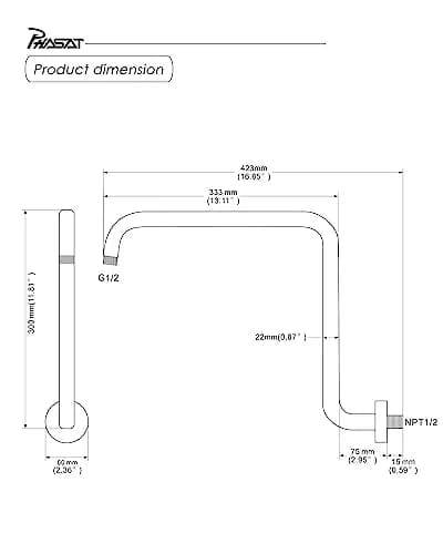 PHASAT S Shaped Shower Arm 42.3 cm (16.65 Inches) High Rise Brushed Nickel | Extends Showerhead Reach & Height thumbnail 5