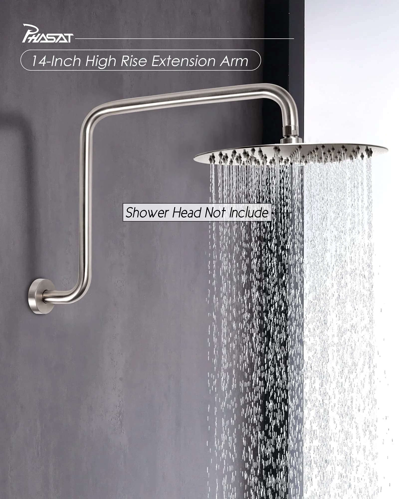 PHASAT S Shaped Shower Arm 42.3 cm (16.65 Inches) High Rise Brushed Nickel | Extends Showerhead Reach & Height - view 2