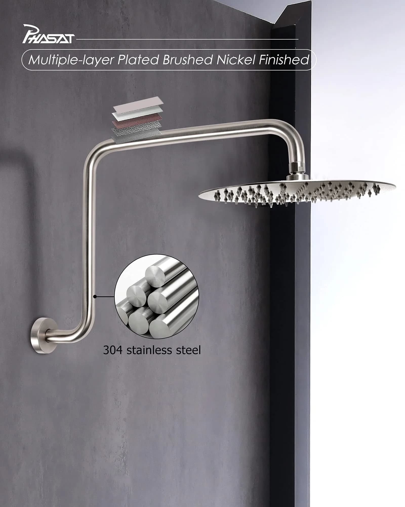 PHASAT S Shaped Shower Arm 42.3 cm (16.65 Inches) High Rise Brushed Nickel | Extends Showerhead Reach & Height - view 3
