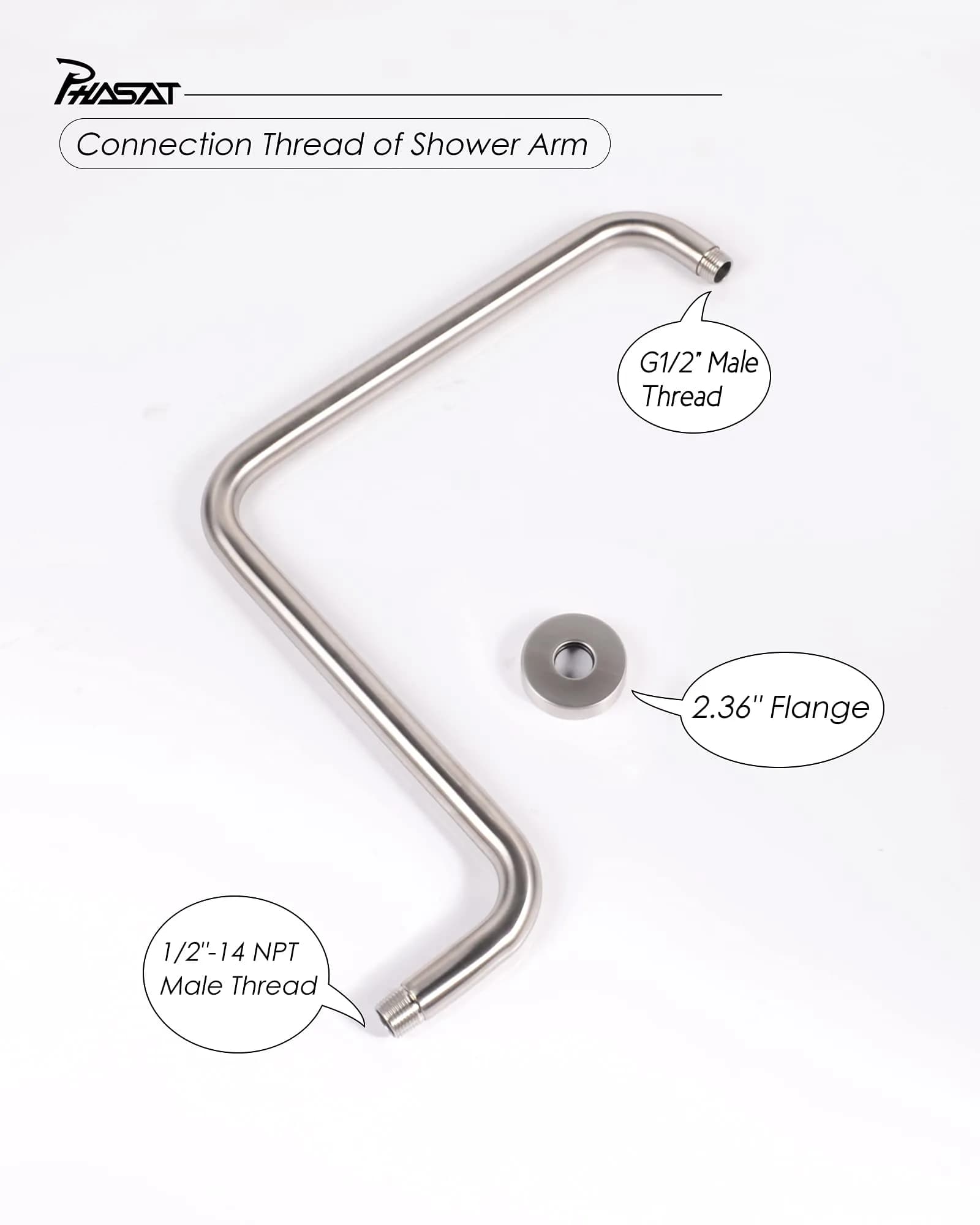 PHASAT S Shaped Shower Arm 42.3 cm (16.65 Inches) High Rise Brushed Nickel | Extends Showerhead Reach & Height - view 4