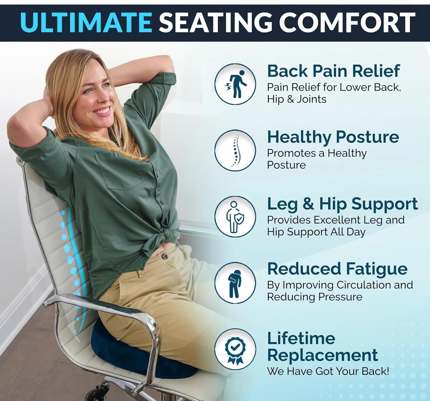 ComfiLife Gel Memory Foam Seat Cushion with Cooling Gel Layer | Ergonomic U-Shape for Back & Sciatica Relief (Navy Blue, 1 Unit) - view 5