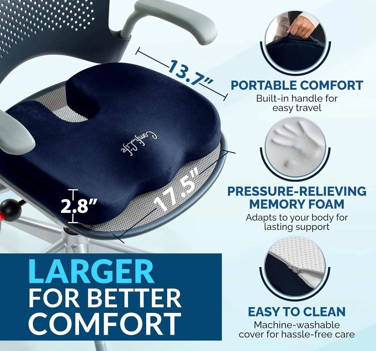 ComfiLife Gel Memory Foam Seat Cushion with Cooling Gel Layer | Ergonomic U-Shape for Back & Sciatica Relief (Navy Blue, 1 Unit) - view 6