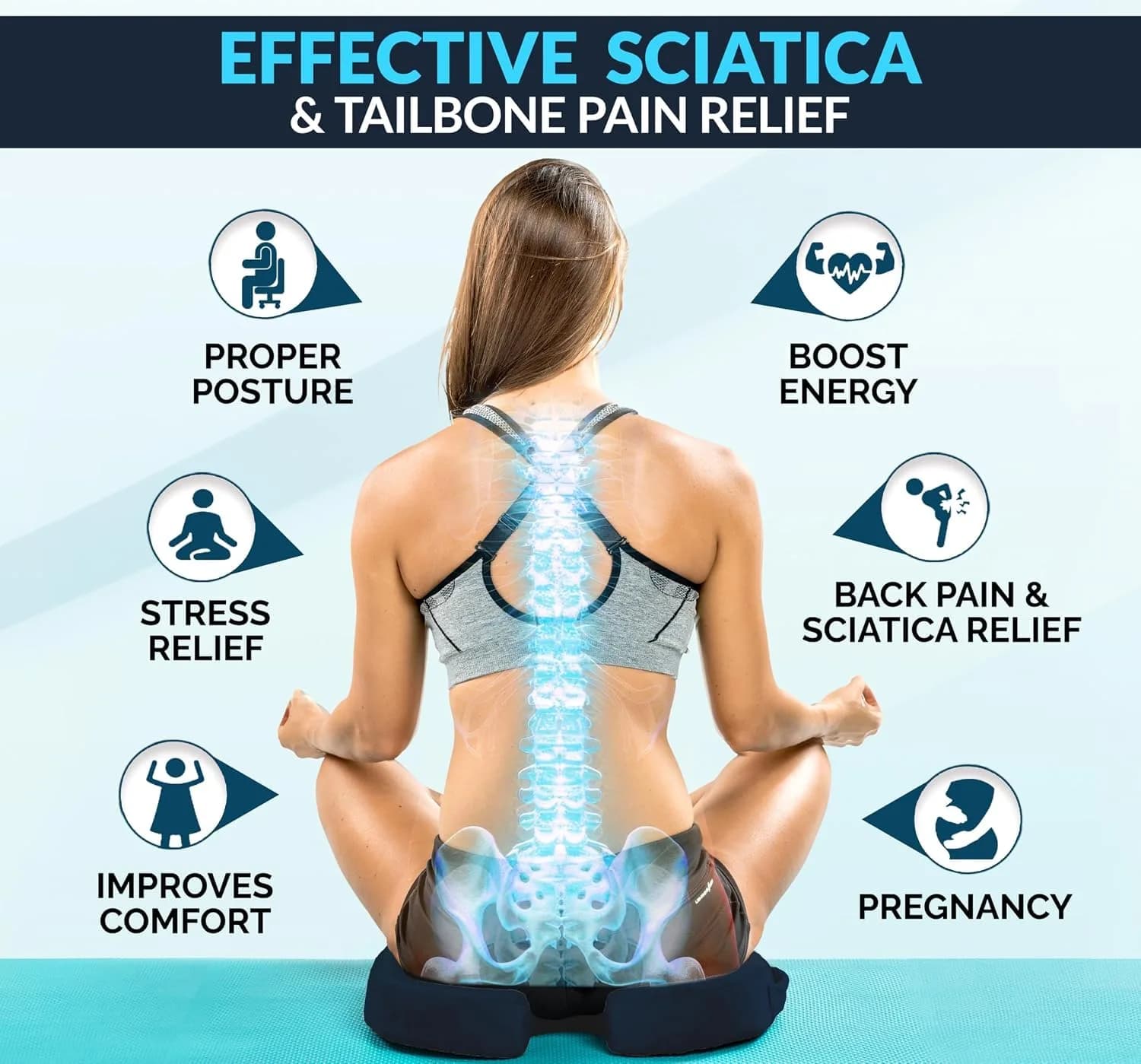 ComfiLife Gel Memory Foam Seat Cushion with Cooling Gel Layer | Ergonomic U-Shape for Back & Sciatica Relief (Navy Blue, 1 Unit) - view 8