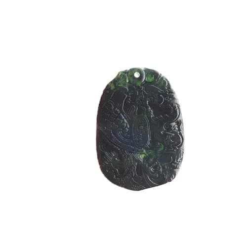 Acxico Natural Black Green Jade Carved Dragon Phoenix Necklace Pendant 5cm (2in) | Authentic USA Import thumbnail 1