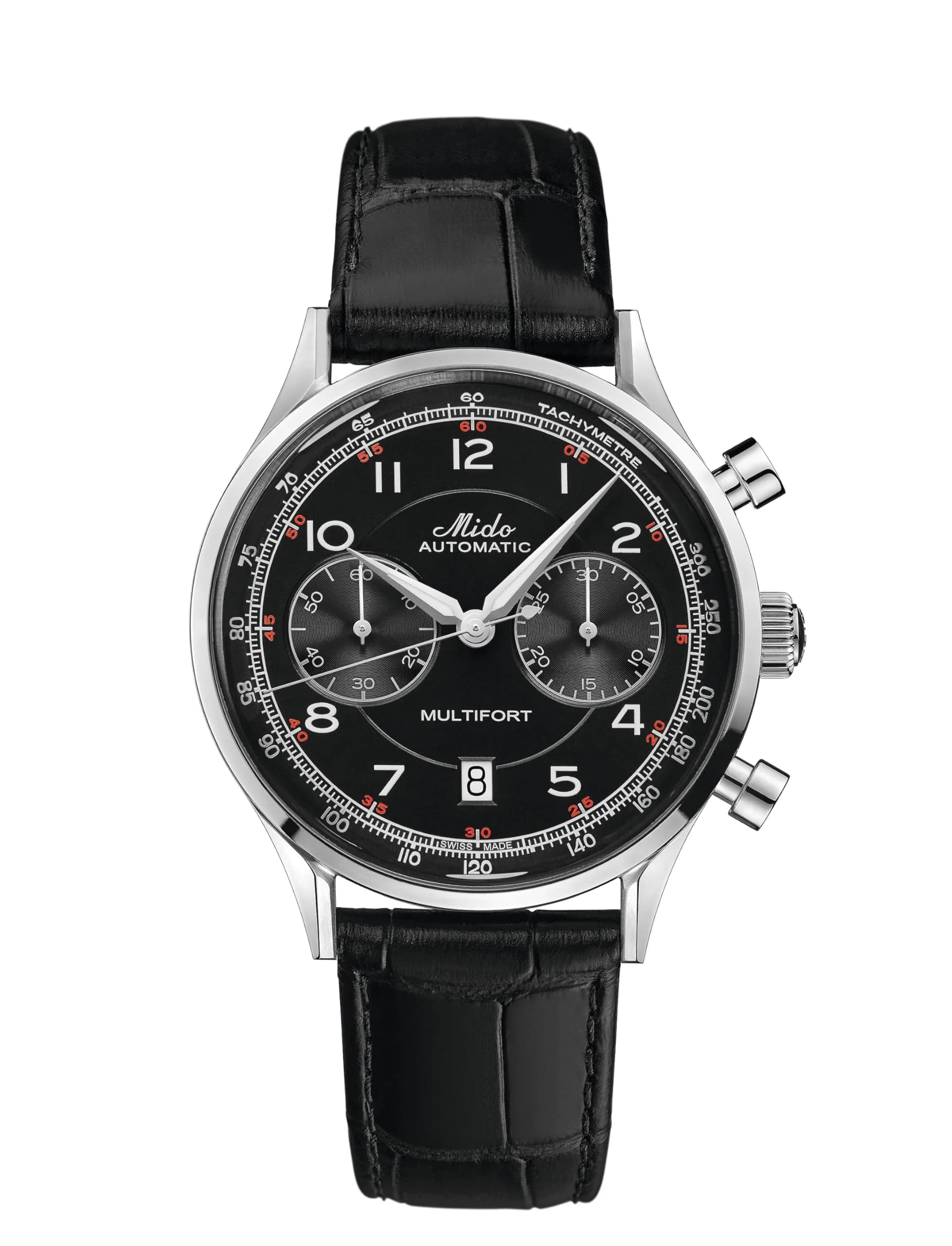 MIDO Multifort Patrimony Chronograph Swiss Automatic Watch for Men | Blue Dial, 42mm Case, Leather Strap — Black