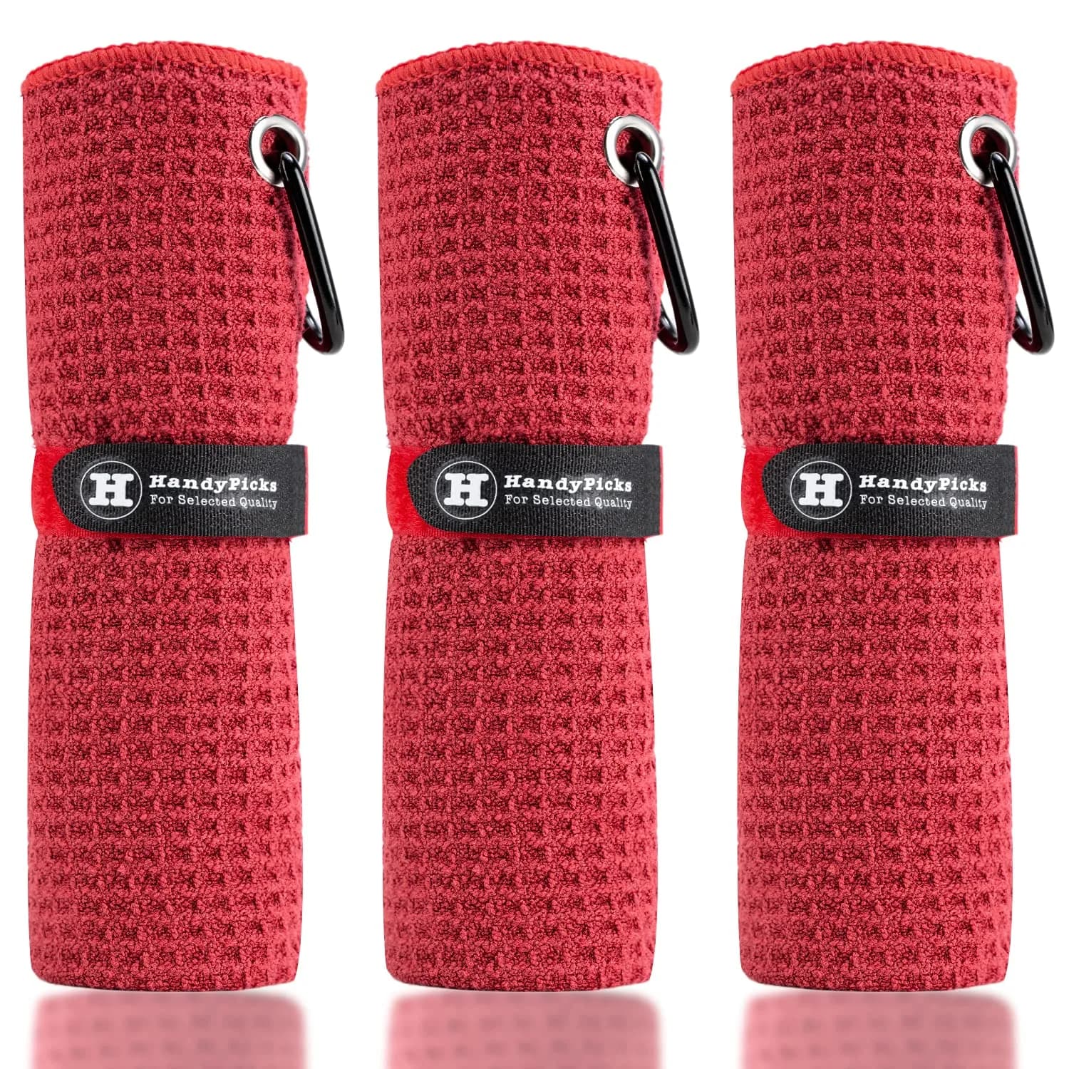 Handy Picks Red Microfiber Golf Towel (40cm x 40cm) with Waffle Pattern & Carabiner Clip - main product image